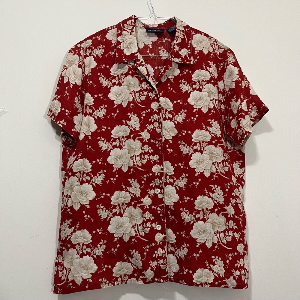 Liz Claiborne Vtg 100% Linen Camp Shirt Blouse Size L Red & White Floral Retro